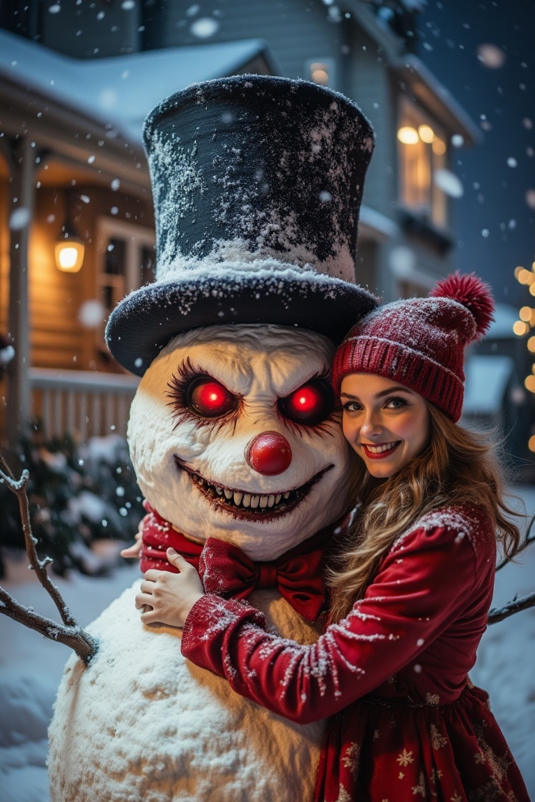 An evil Krampus snowman with red eyes and a dark top hat,  snow in its mouth,  an evil grin on Tensor.Art