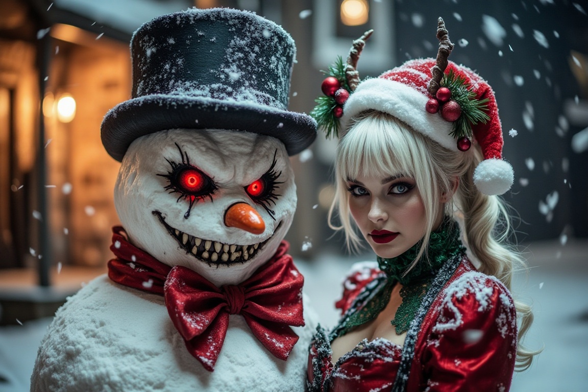An evil Krampus snowman with red eyes and a dark top hat,  snow in its mouth,  an evil grin on Tensor.Art