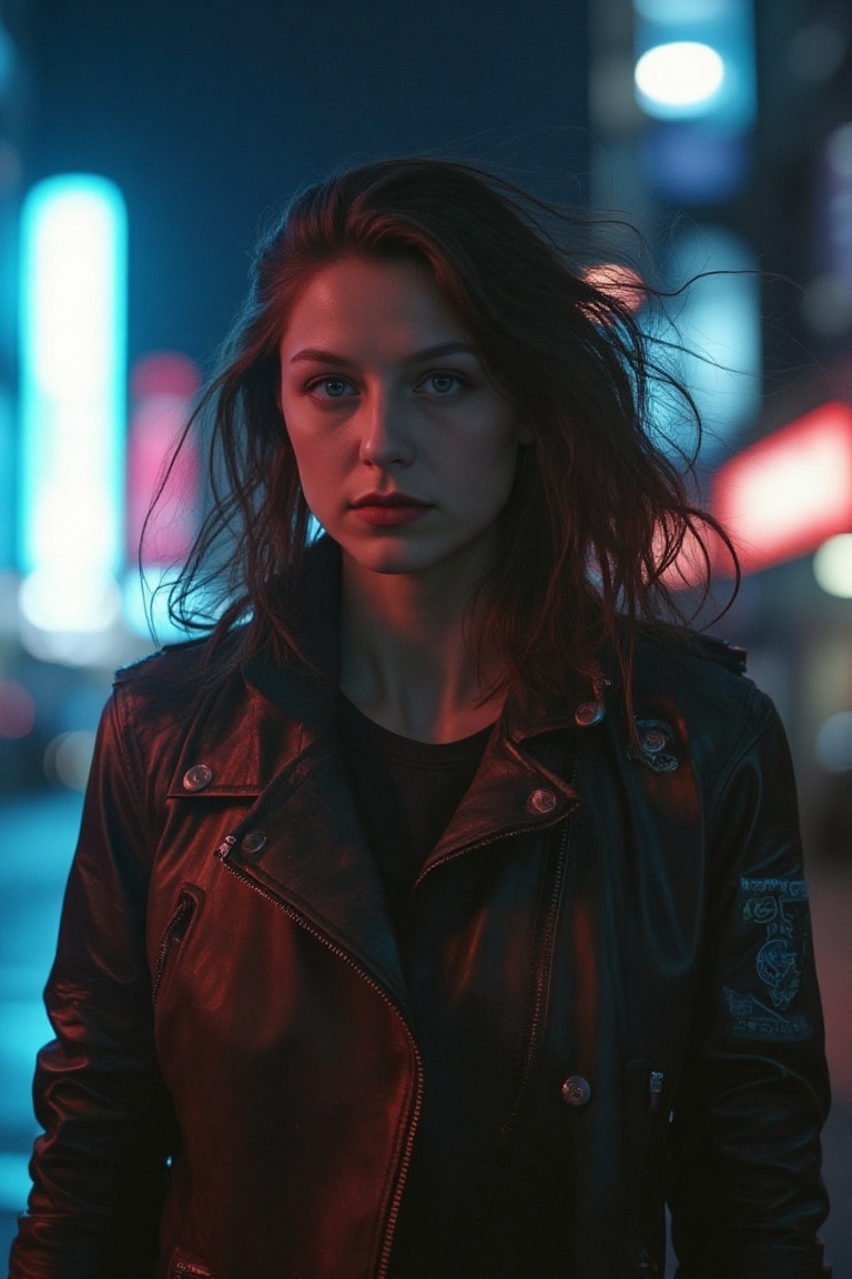 A stunning portrait of a woman stands out against the futuristic cityscape's neon glow. Soft,  even lighting illuminates h...