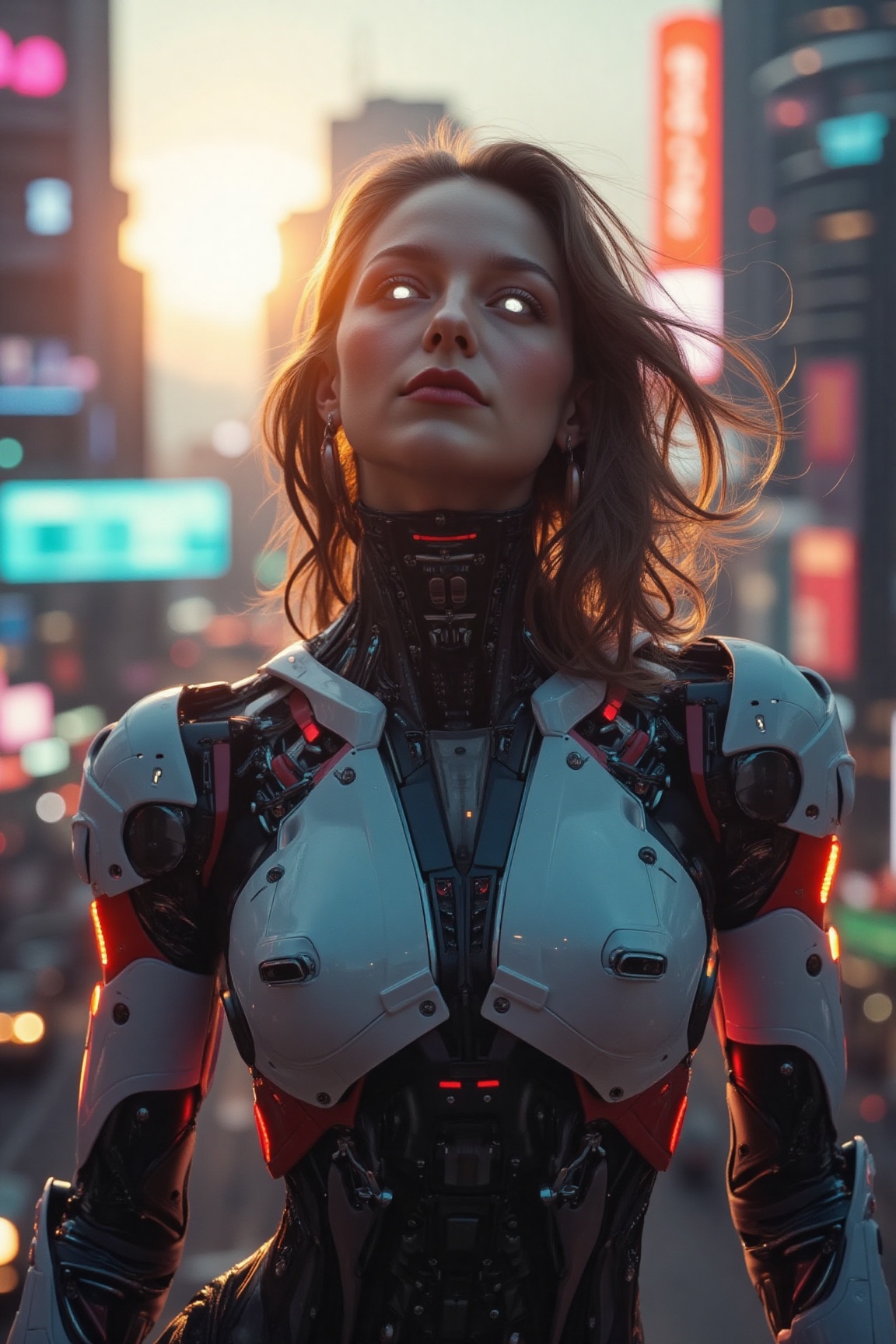 melissflx,  a striking woman,  stands confidently in a futuristic cityscape at sunset. Soft on Tensor.Art