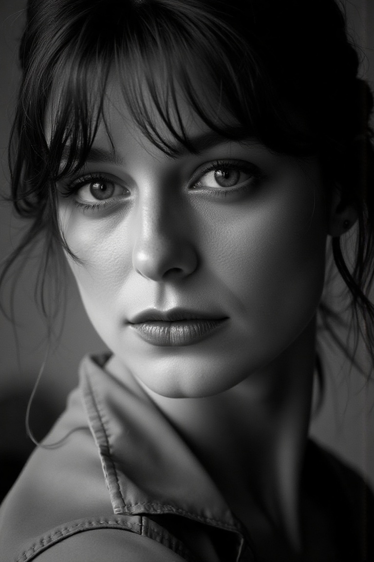 portrait inspired by Peter Lindbergh's photographic style,  a woman looking directly into the camera with an intimate and...