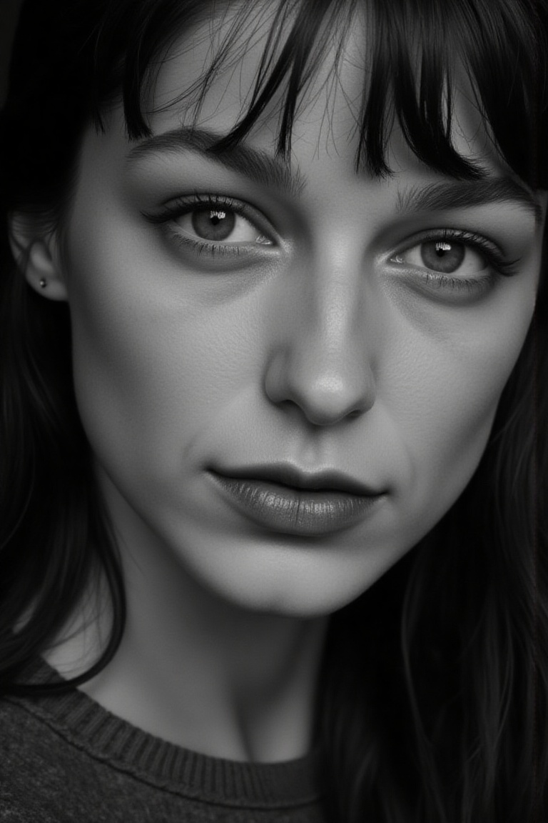 portrait inspired by Peter Lindbergh's photographic style,  a woman looking directly into the camera with an intimate and...