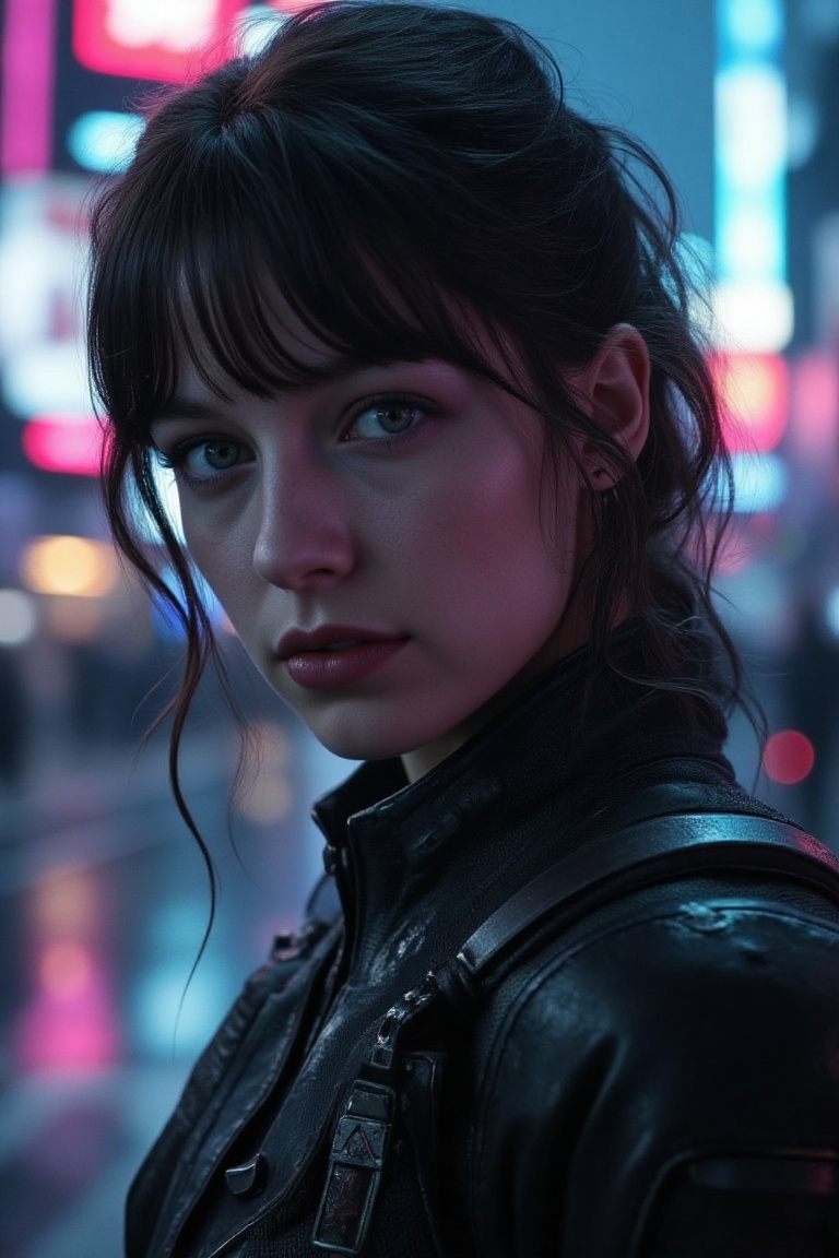 A stunning portrait of a woman stands out against the futuristic cityscape's neon glow. Soft,  even lighting illuminates h...