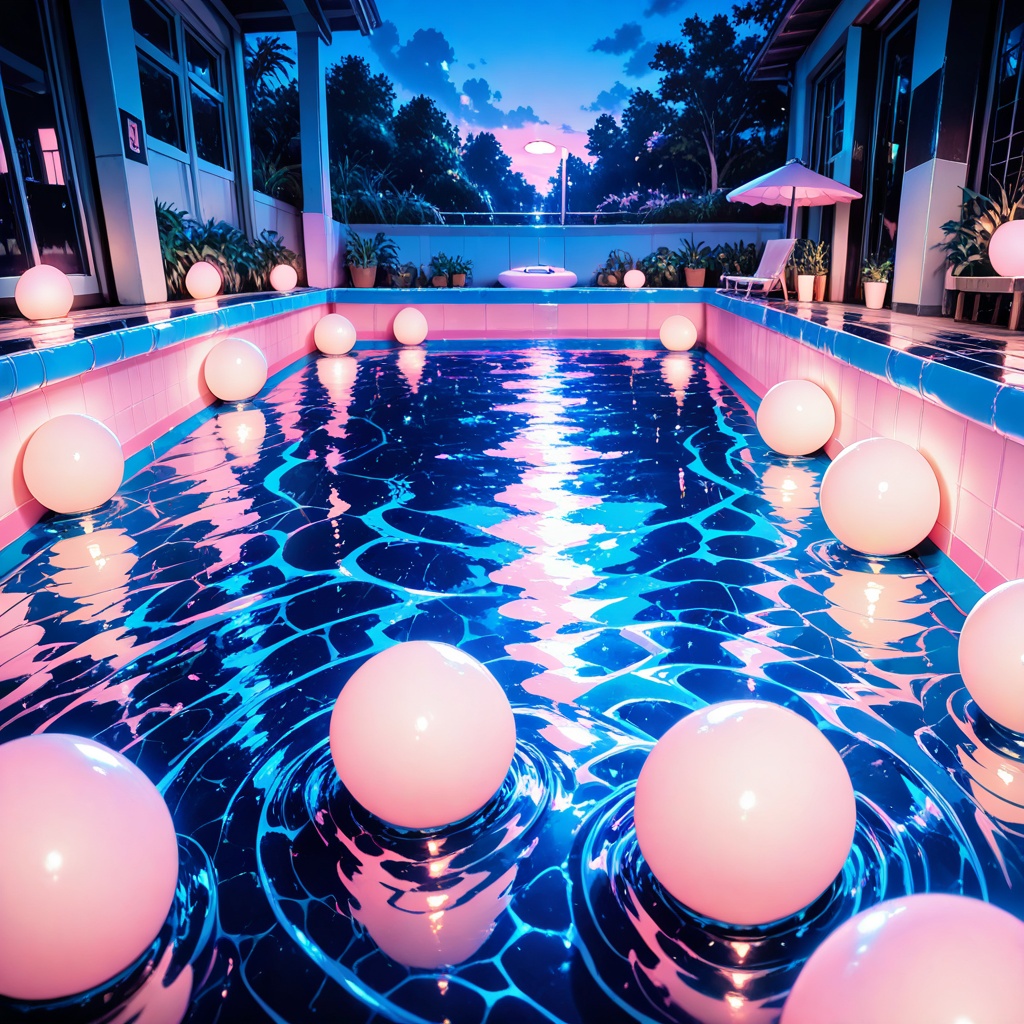 large night pool,  afloat,  (pink lighting) on Tensor.Art