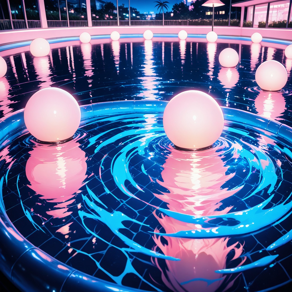large night pool,  afloat,  (pink lighting) on Tensor.Art