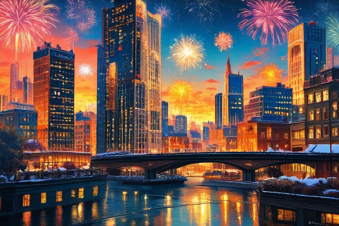 Aerial shot of Metropolis' snowy skyline at dusk: twinkling city lights reflecting off pristine streets as gentle snowflak...