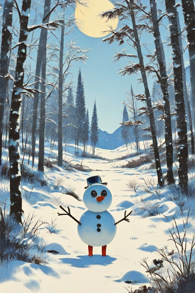 Epic painting Art,  A serene winter scene: A gentle snowfall blankets a frozen lake's rima ice,  with a whimsical snowman...