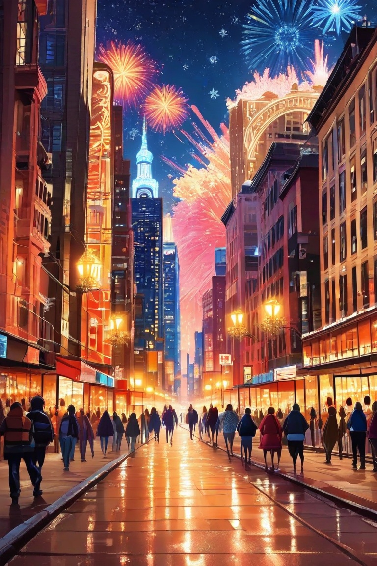Aerial shot of Metropolis city's skyline at dusk on a snowy winter evening,  as a vibrant firework display erupts in the d...