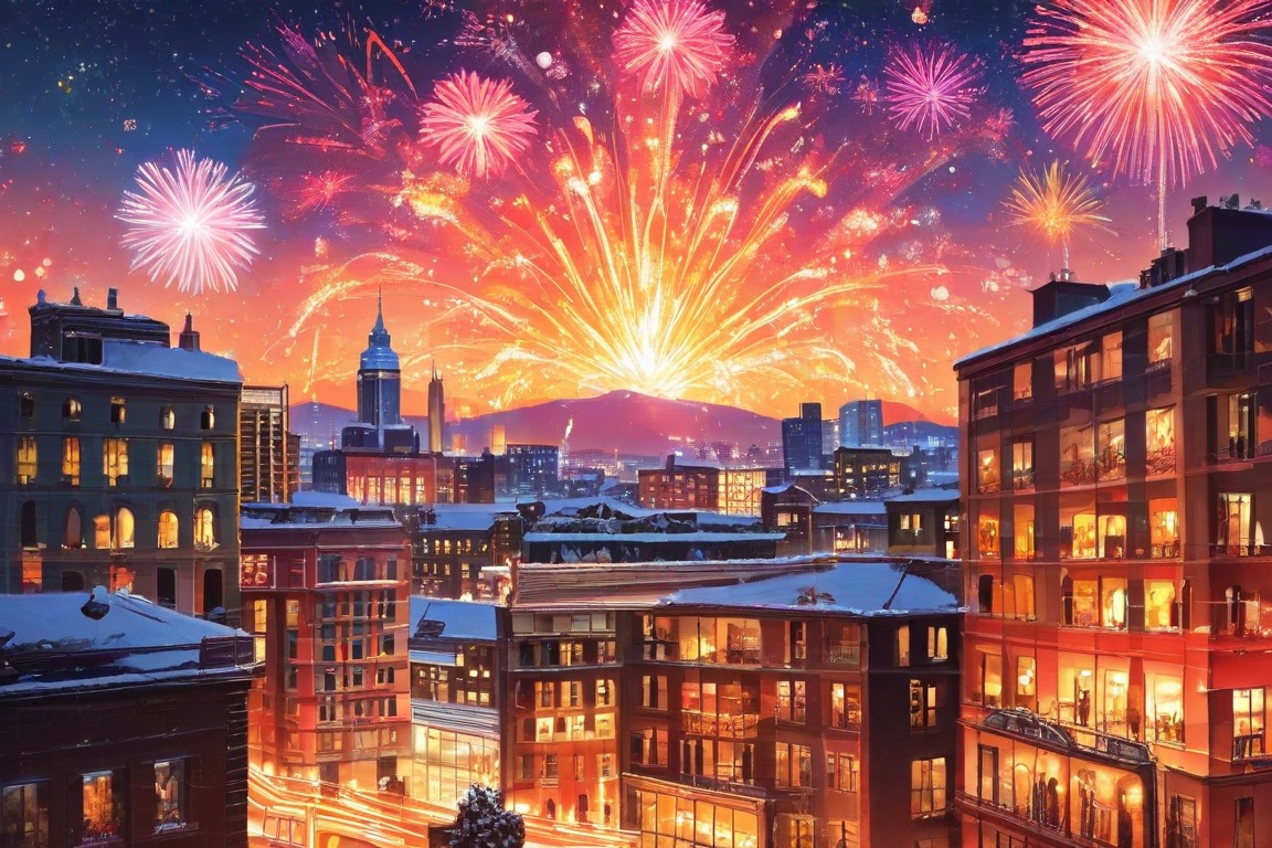 Aerial shot of Metropolis city's skyline at dusk on a snowy winter evening,  as a vibrant firework display erupts in the d...