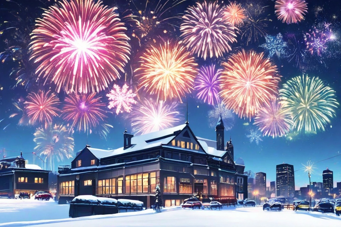 Aerial shot of Metropolis' snowy skyline at dusk: twinkling city lights reflecting off pristine streets as gentle snowflak...