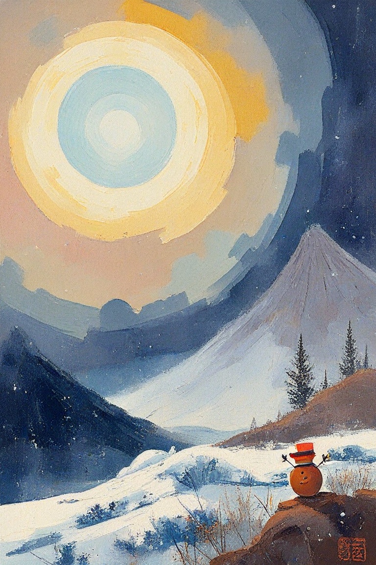 Epic painting Art,  oiled painting,  A serene winter scene: A gentle snowfall blankets a frozen lake's rima ice on Tensor.Art
