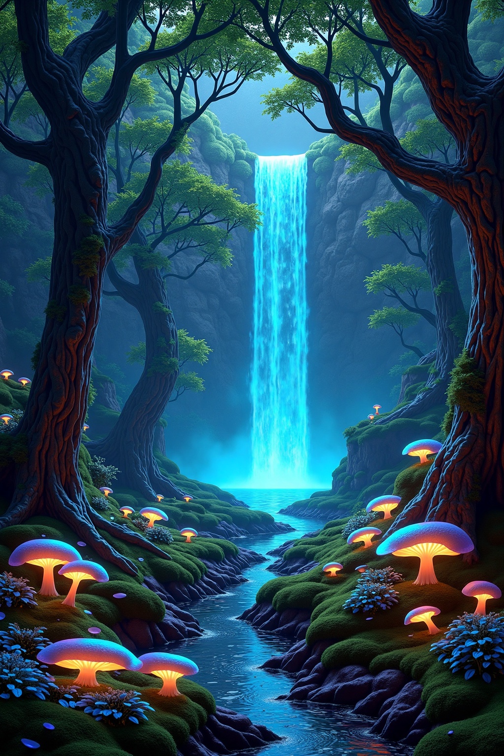 A dense forest where the trees have metallic trunks and leaves made of neon-colored glass. Bioluminescent fungi glow in sh...
