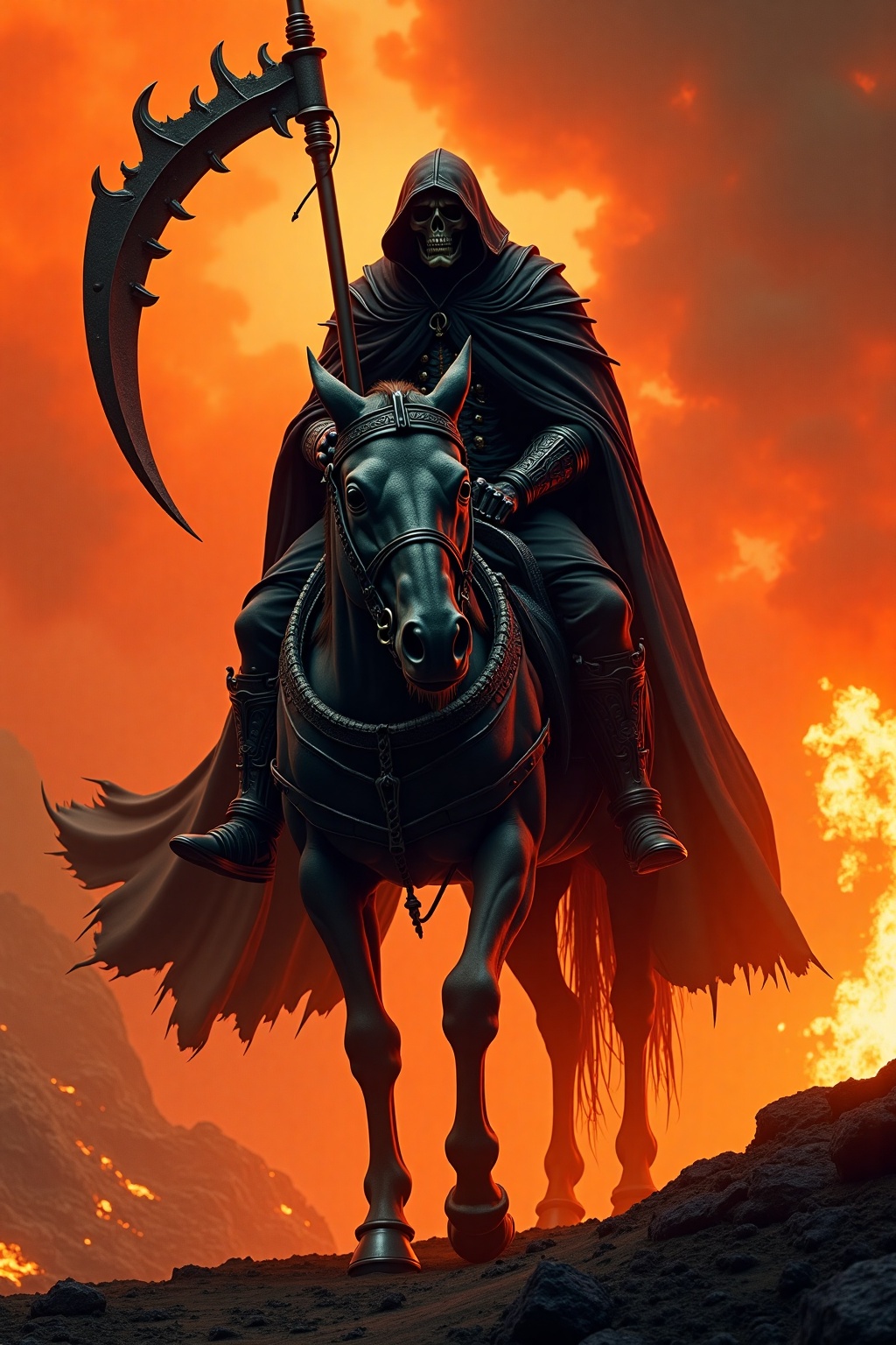 Dark grim reaper figure,  mounted on skeletal steed,  against fiery on Tensor.Art