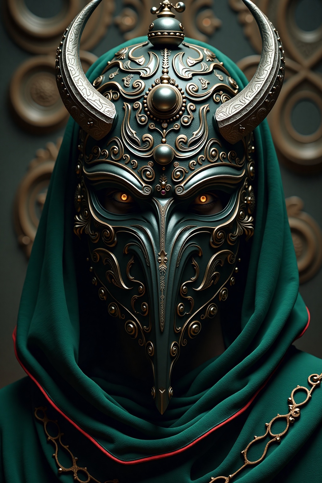 An intricate and imposing mask covering the entire face,  crafted with ornate metallic details and embellished with swirli...