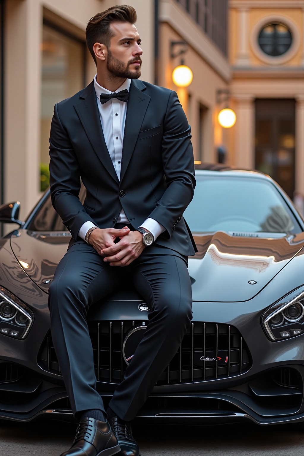 A handsome man sitting on a supercars bonnet ,  realistic,  detailed on Tensor.Art