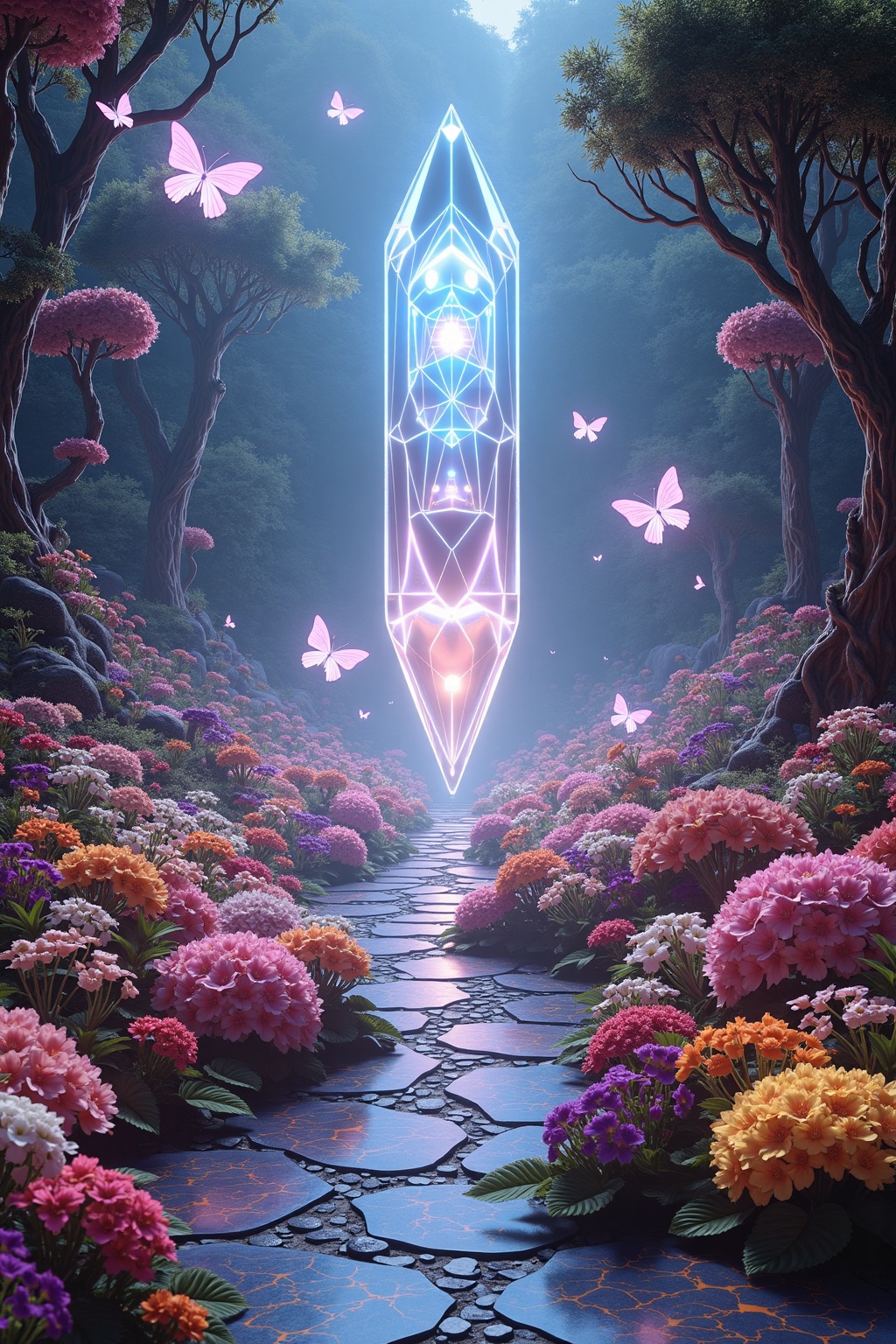 A garden where flowers bloom in impossible colors and shapes,  each petal and leaf shimmering with a digital aura. The gro...