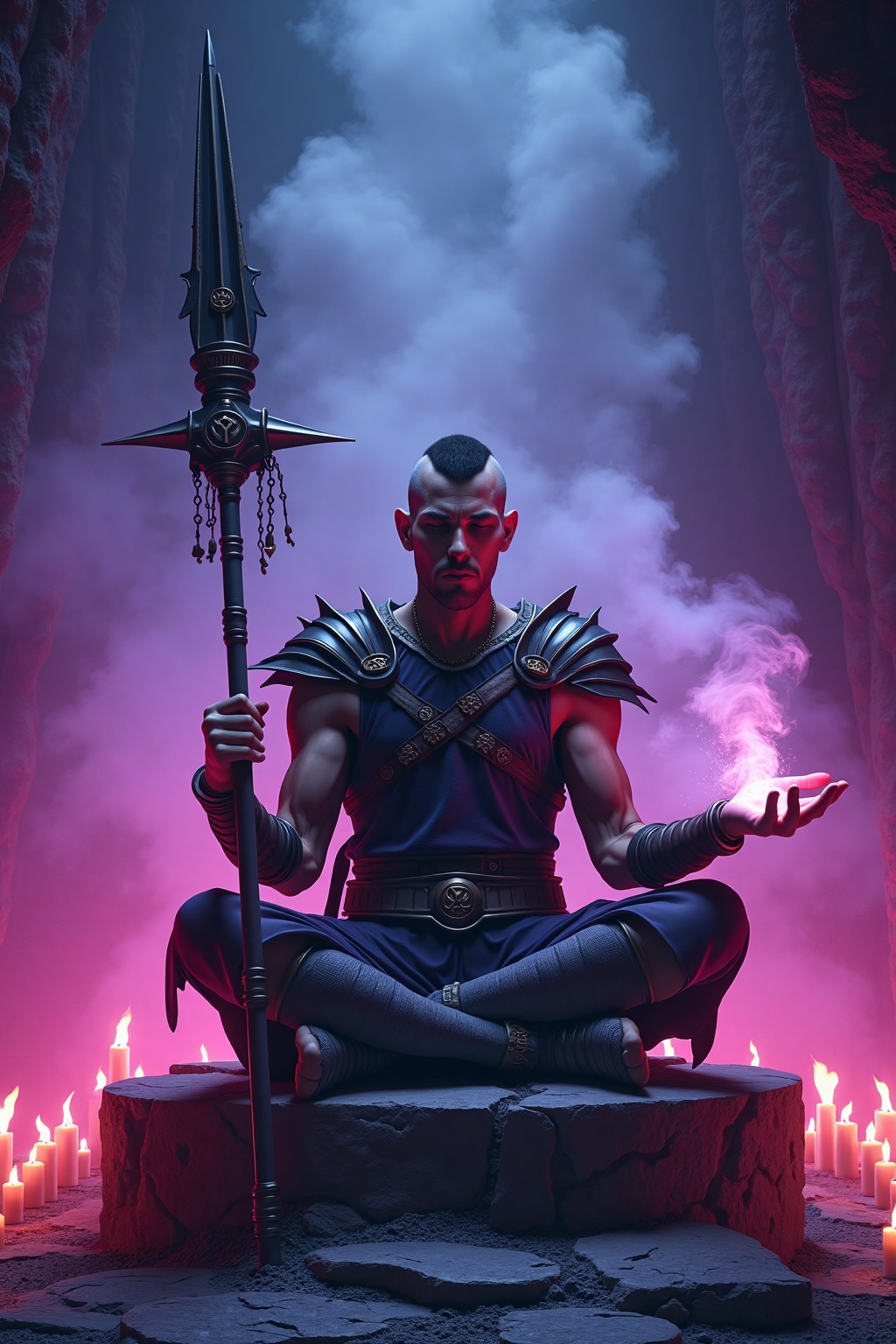 fill the scene with smoke and haze,  authenticity,  A mystical scene depicting a man in an ancient on Tensor.Art