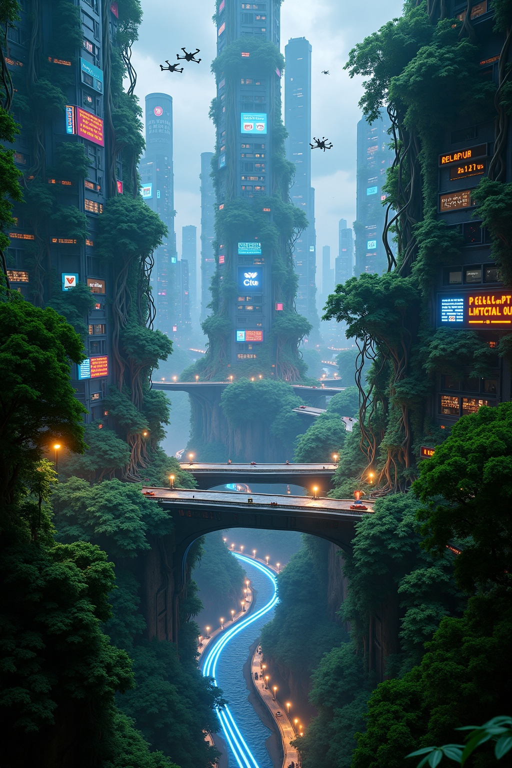 A sprawling metropolis built within a lush jungle,  where skyscrapers are intertwined with vines and roots. The buildings...