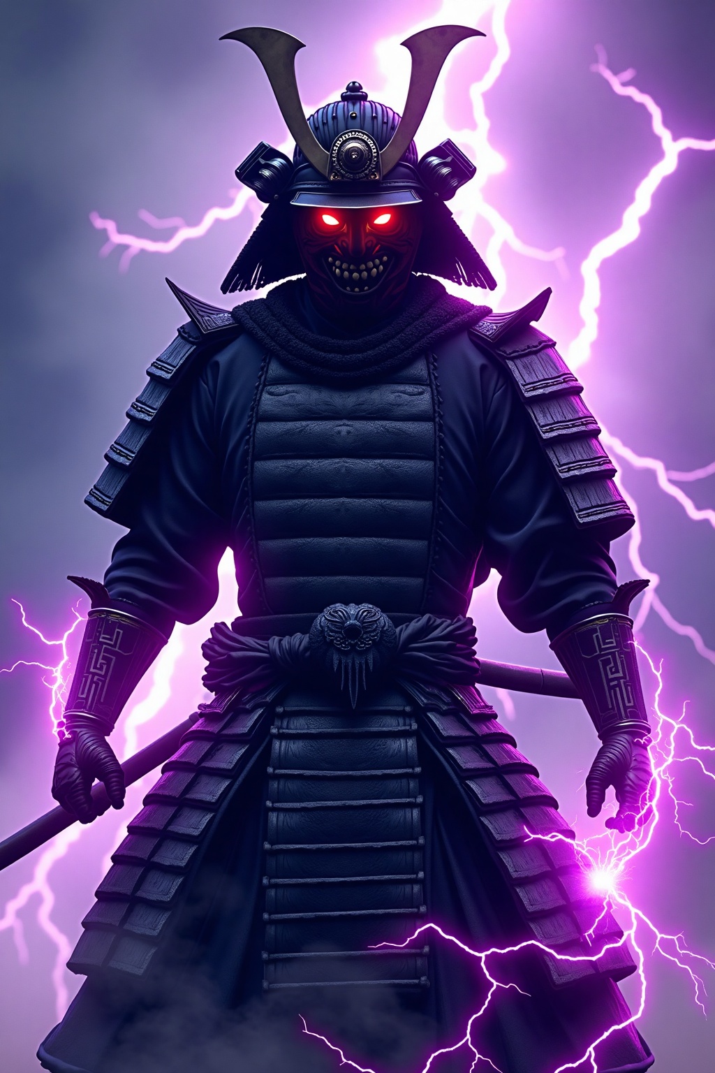 A dark-faced samurai warrior with glowing red eyes,  wearing traditional samurai armor,  his face partially obscured by a...