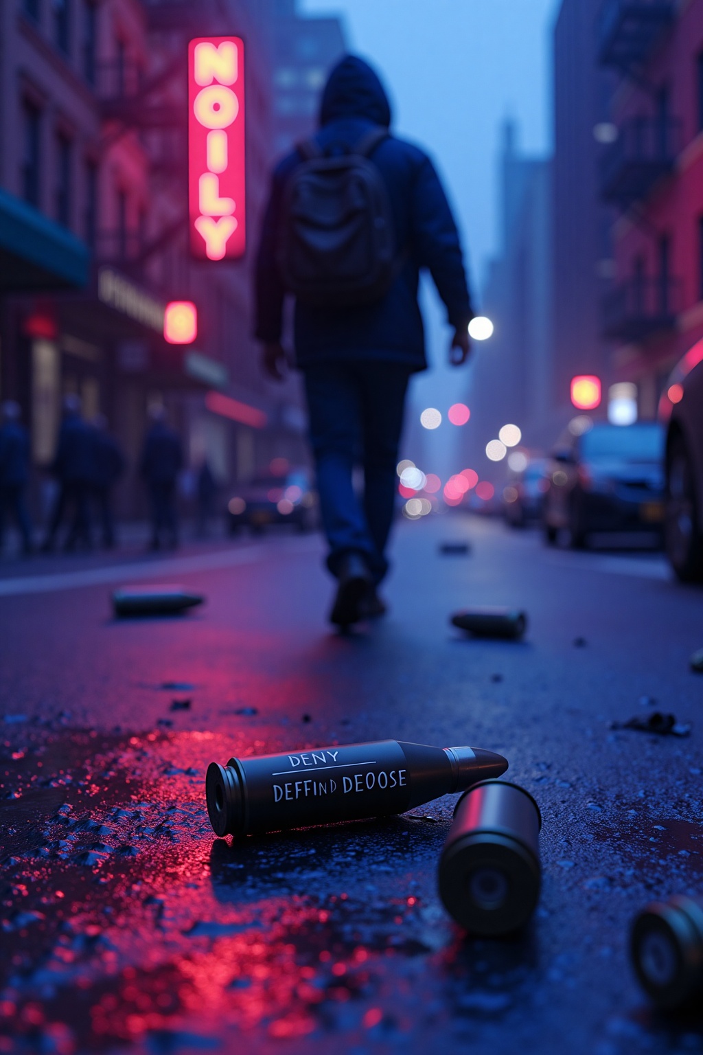 "DENY DEFEND DEP0SE" are written on 3 empty bullet casings lying scattered on a dark new york street,  ,  in the backgroun...