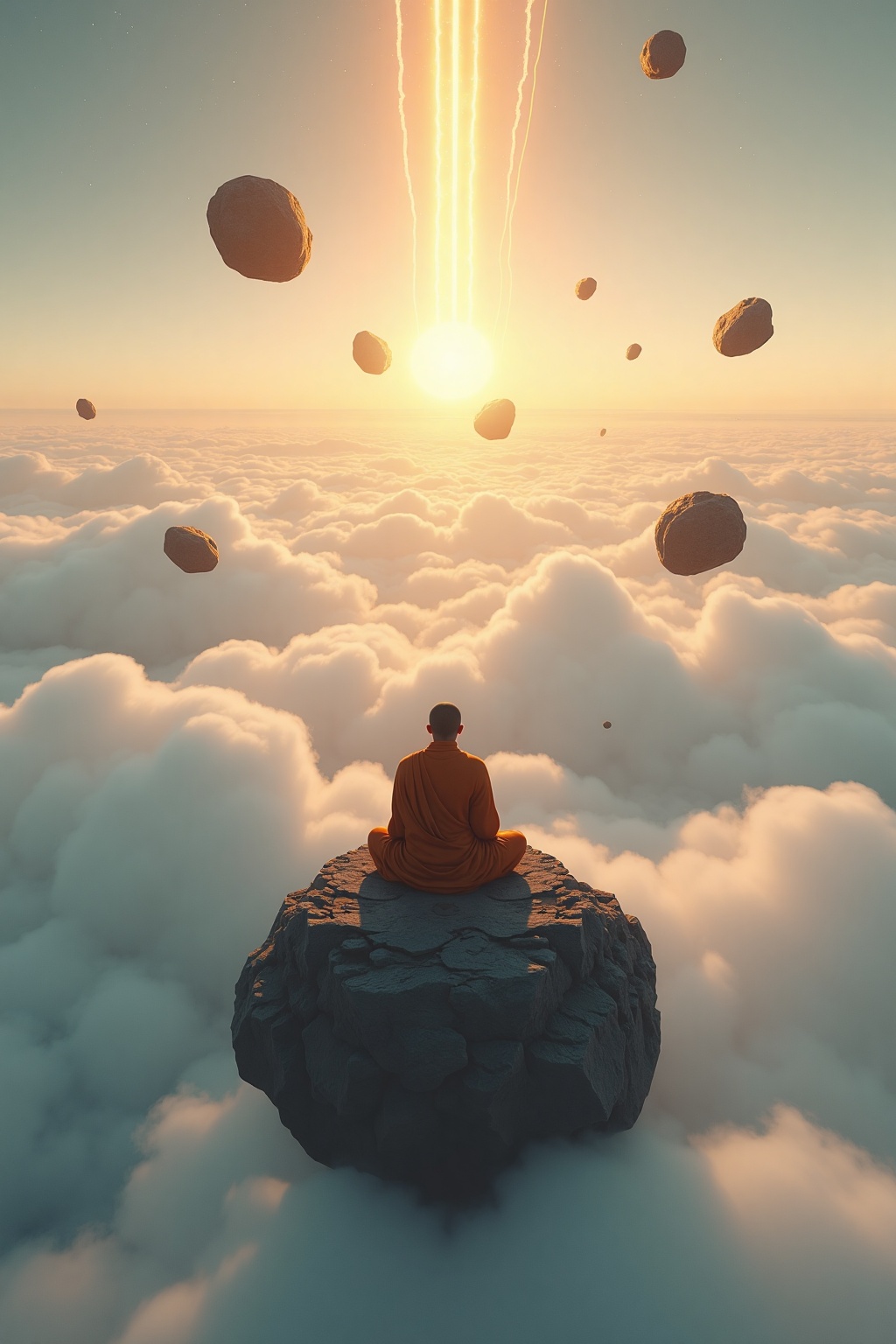 A surreal,  dreamlike scene set high above a dense cloud cover. A small,  floating rocky sphere hovers in the sky on Tenso...
