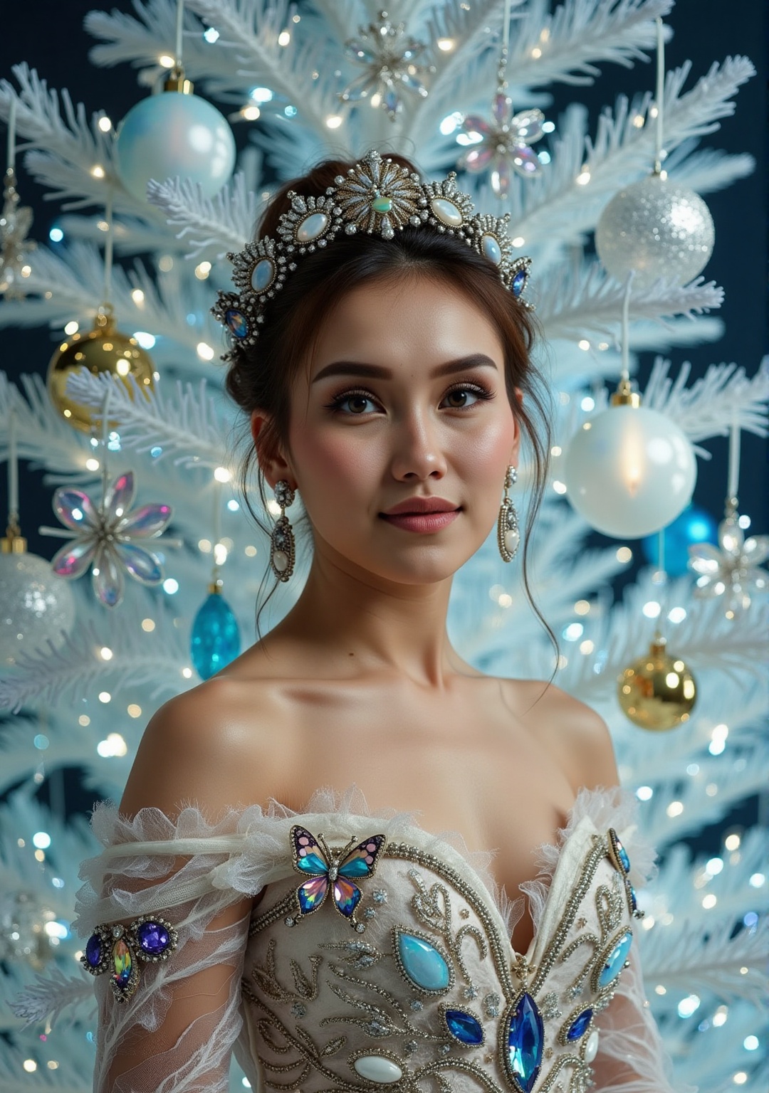 A hyper-realistic photograph of a stunning young model posed in an ethereal,  celestial holiday scene,  embodying a fusion...
