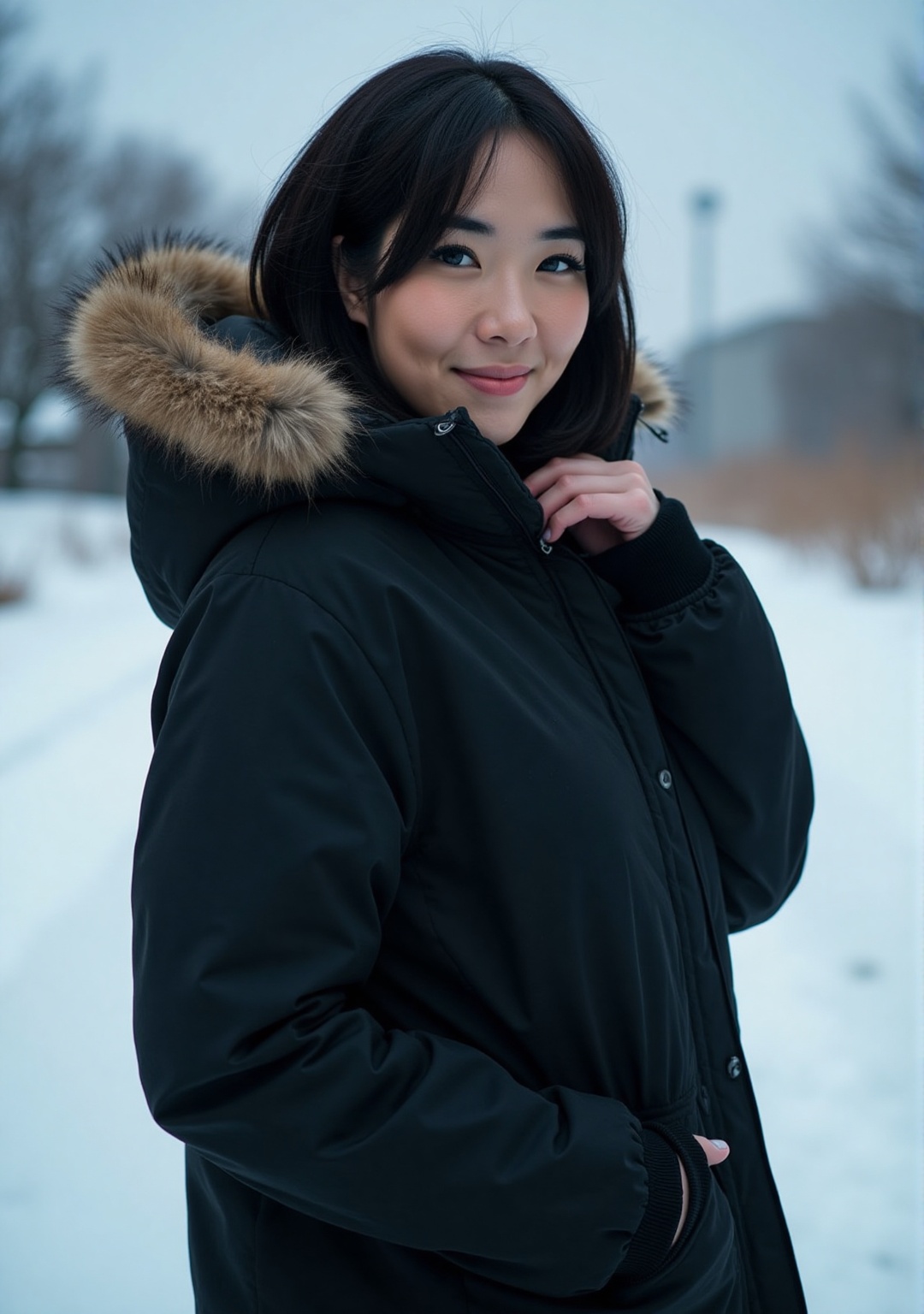 a portrait shot of a strikingly beautiful 20 year old woman,  wearing a large black parka with a furred hood and the hood...