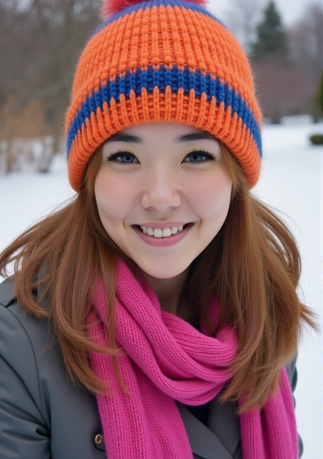A vibrant,  close-up photograph of a young woman in a snowy winter scene. She is the central subject,  positioned in the f...