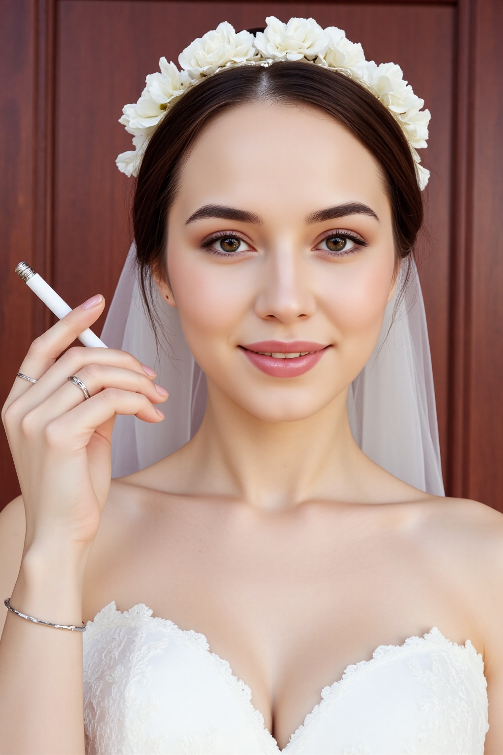 A close-up shot of a bride,  dressed in a white wedding dress,  adorned with white flowers and a veil. She is wearing a wh...
