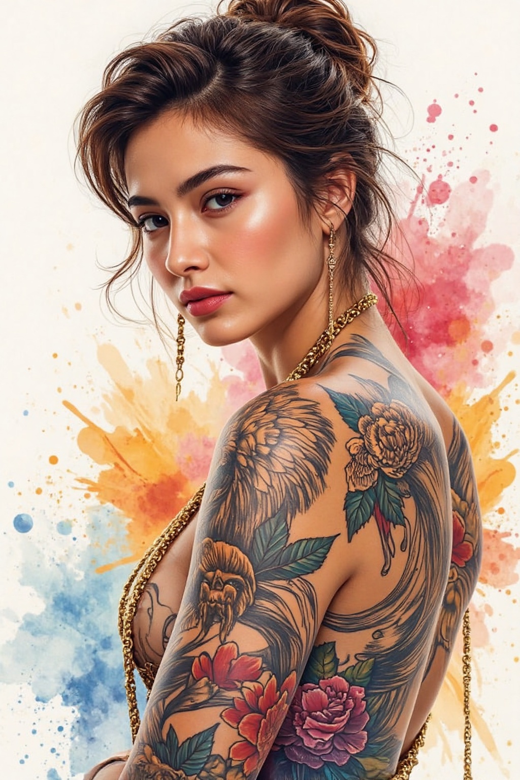 beautiful mixed asian woman,  Pretty Face,  wearing flashy gold Chains on Tensor.Art