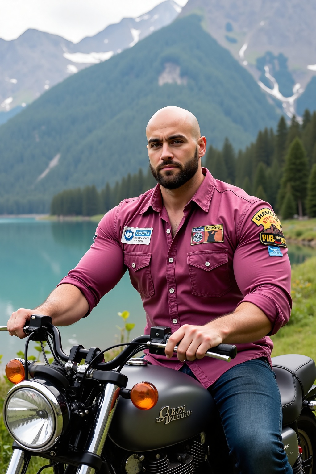 Big body builder white European bald men wearing dark pink denim shirt with brand logos sitting on heavy motor bike in mou...