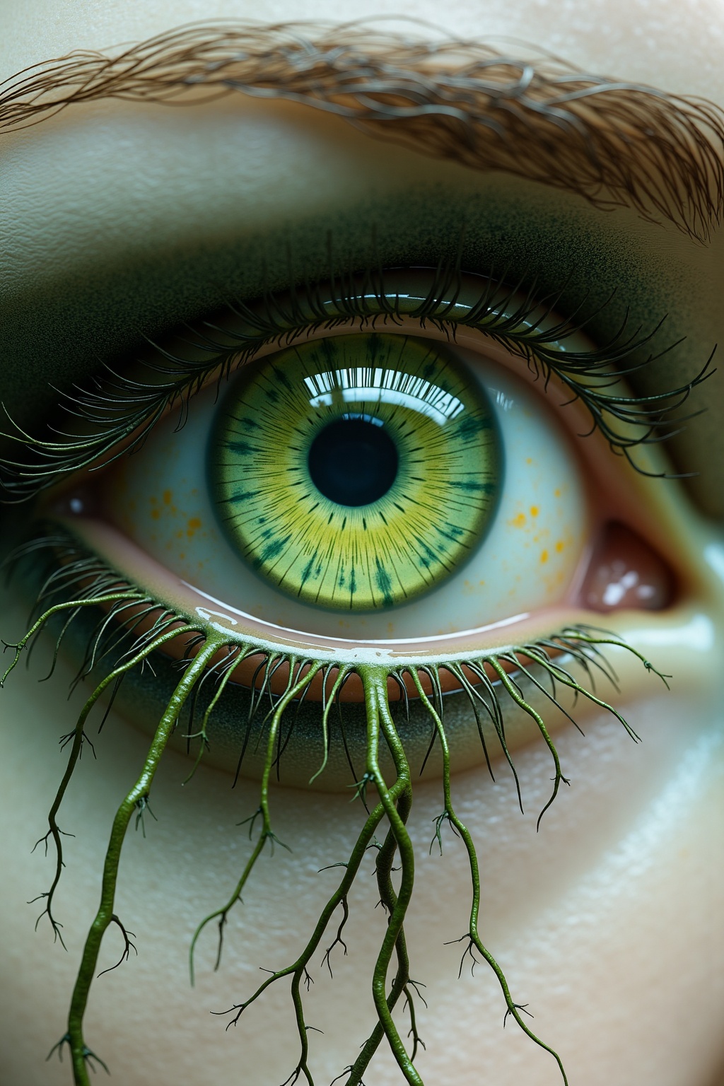 Ultra High Resolution concept art of an eye with a cybernetic lens and roots growing from the iris,  merging organic and d...