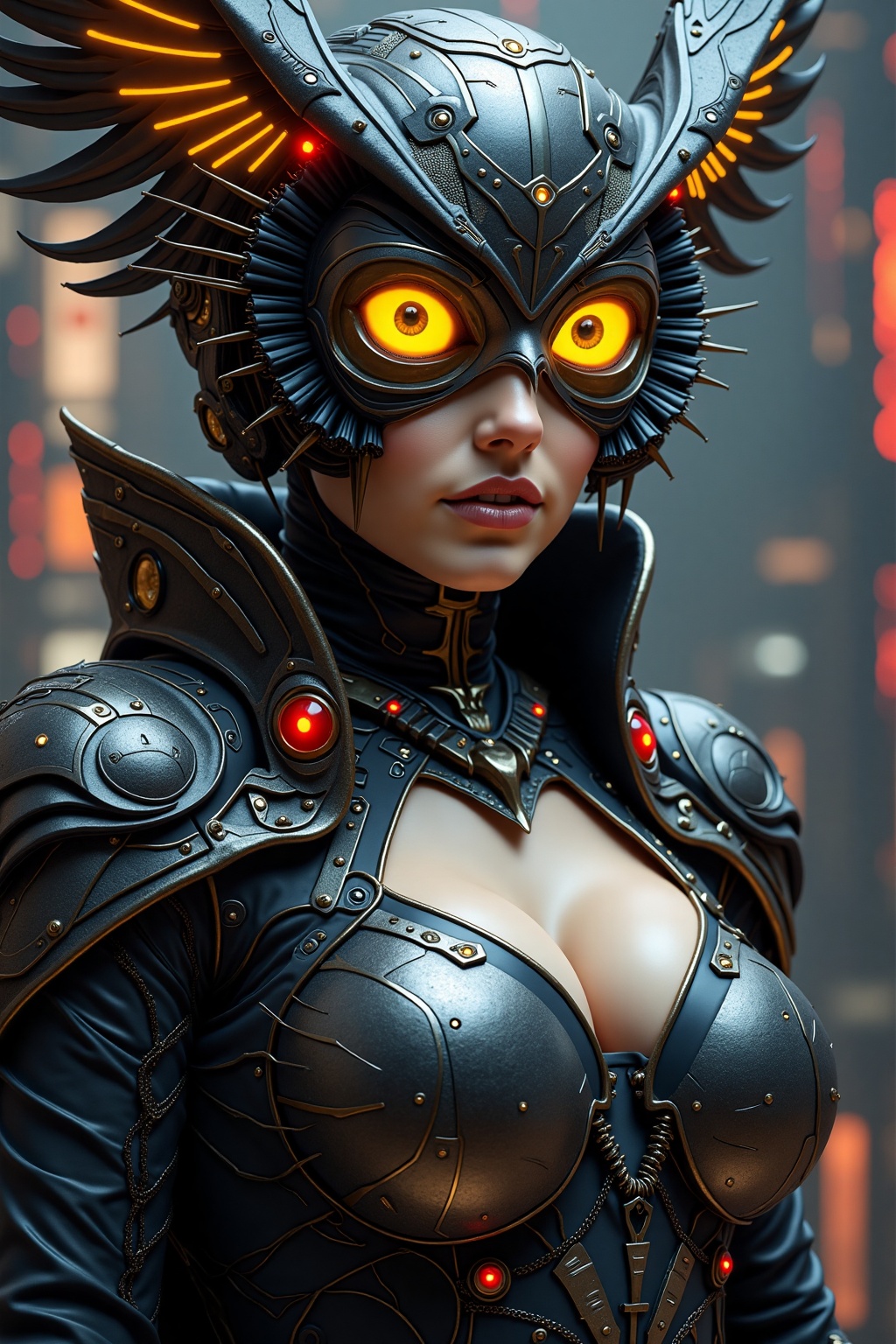 bo-abyss,  Create a stunning,  regal cybernetic queen with a futuristic headpiece. Her face is adorned with a detailed mas...
