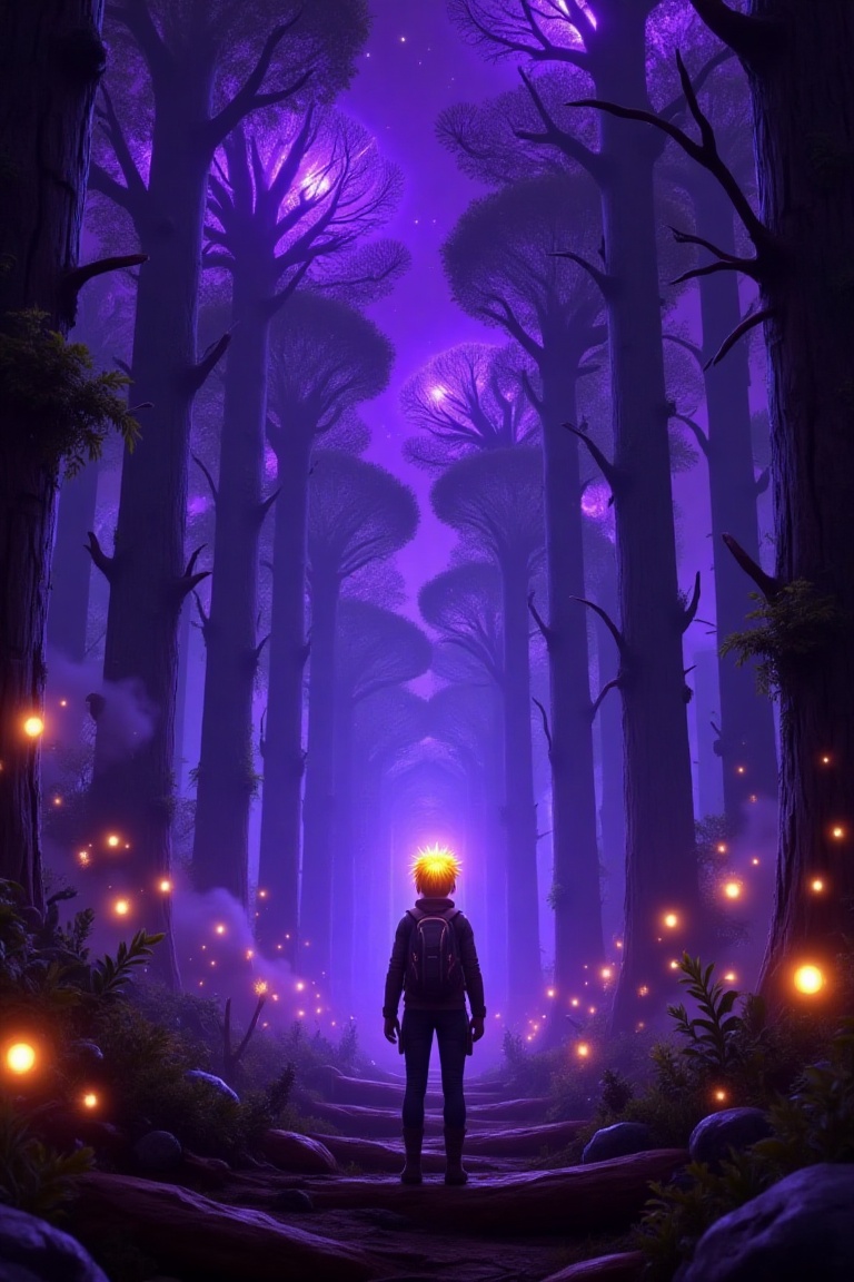 masterpiece,  best quality,  a curious young man with glowing yellow hair exploring a magical forest at twilight. Enchante...