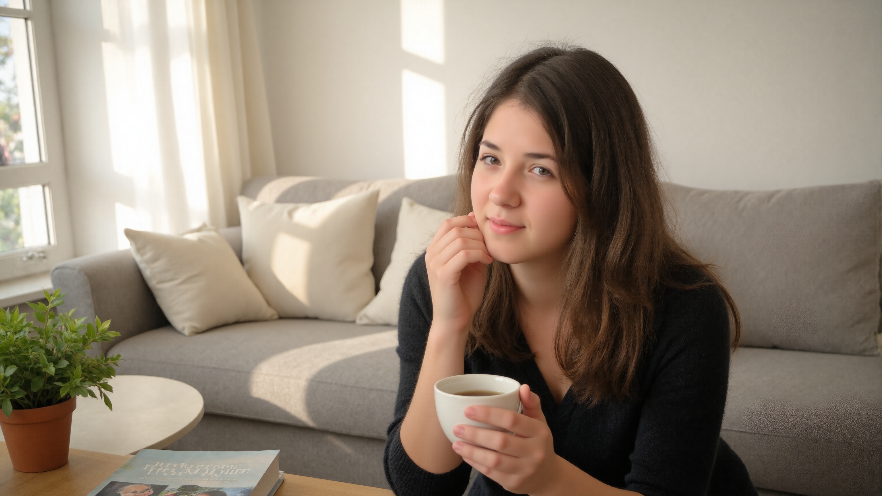A serene Susana-v2_6 sits in a medium shot,  soft natural light streaming through the window,  casting a warm glow on her...
