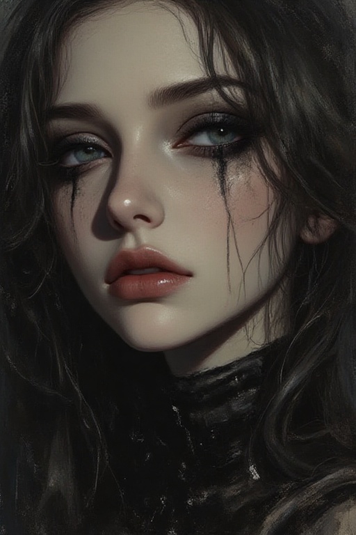 Scumbling painting of a woman with black makeup on her face,  no eyes,  roughly painted skin on Tensor.Art