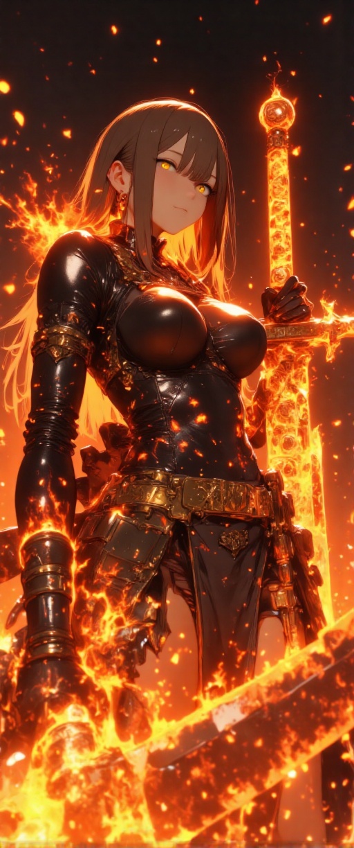 Here's a prompt for a striking 70mm lens photograph: A fiery female warrior clad in molten blackened armor,  her form radi...