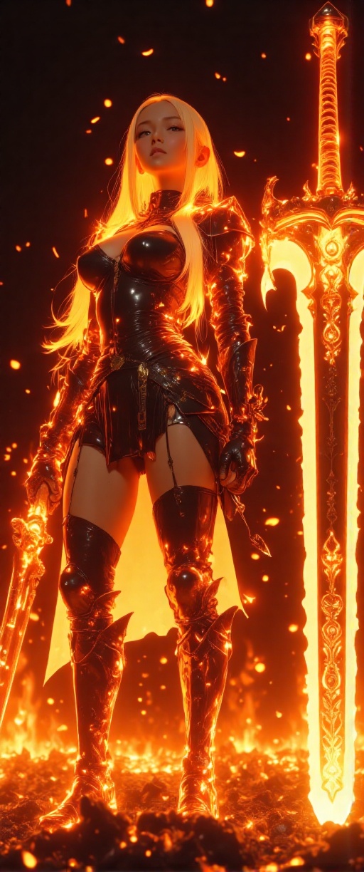 Here's a prompt for a striking 70mm lens photograph: A fiery female warrior clad in molten blackened armor,  her form radi...
