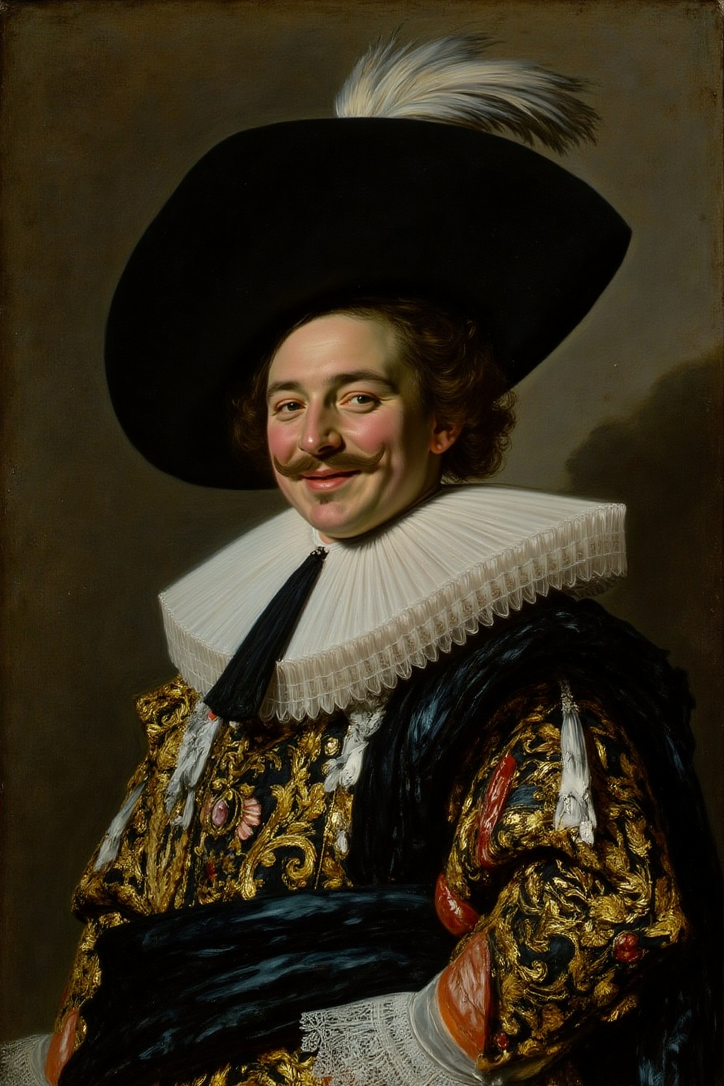 fraha1 painting. A vibrant and detailed portrait of a dashing young man dressed in elaborate 17th-century attire,  inspire...