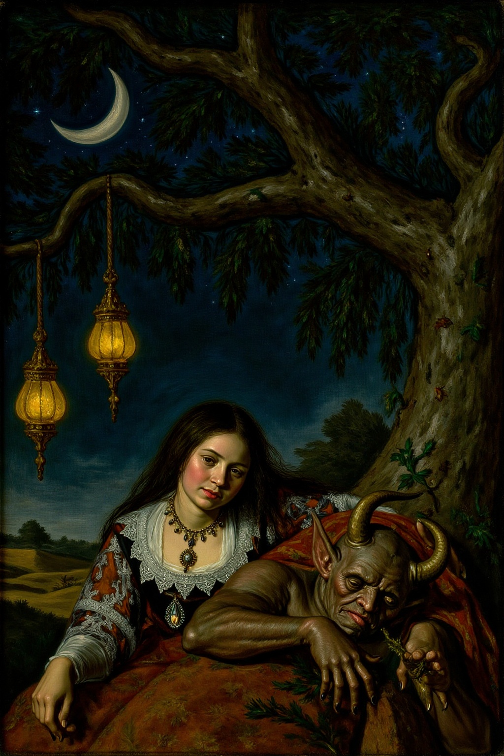 fraha1 painting. A scene from Arabian Nights,  rendered in intricate,  colorful detail. A beautiful woman and a sleeping d...
