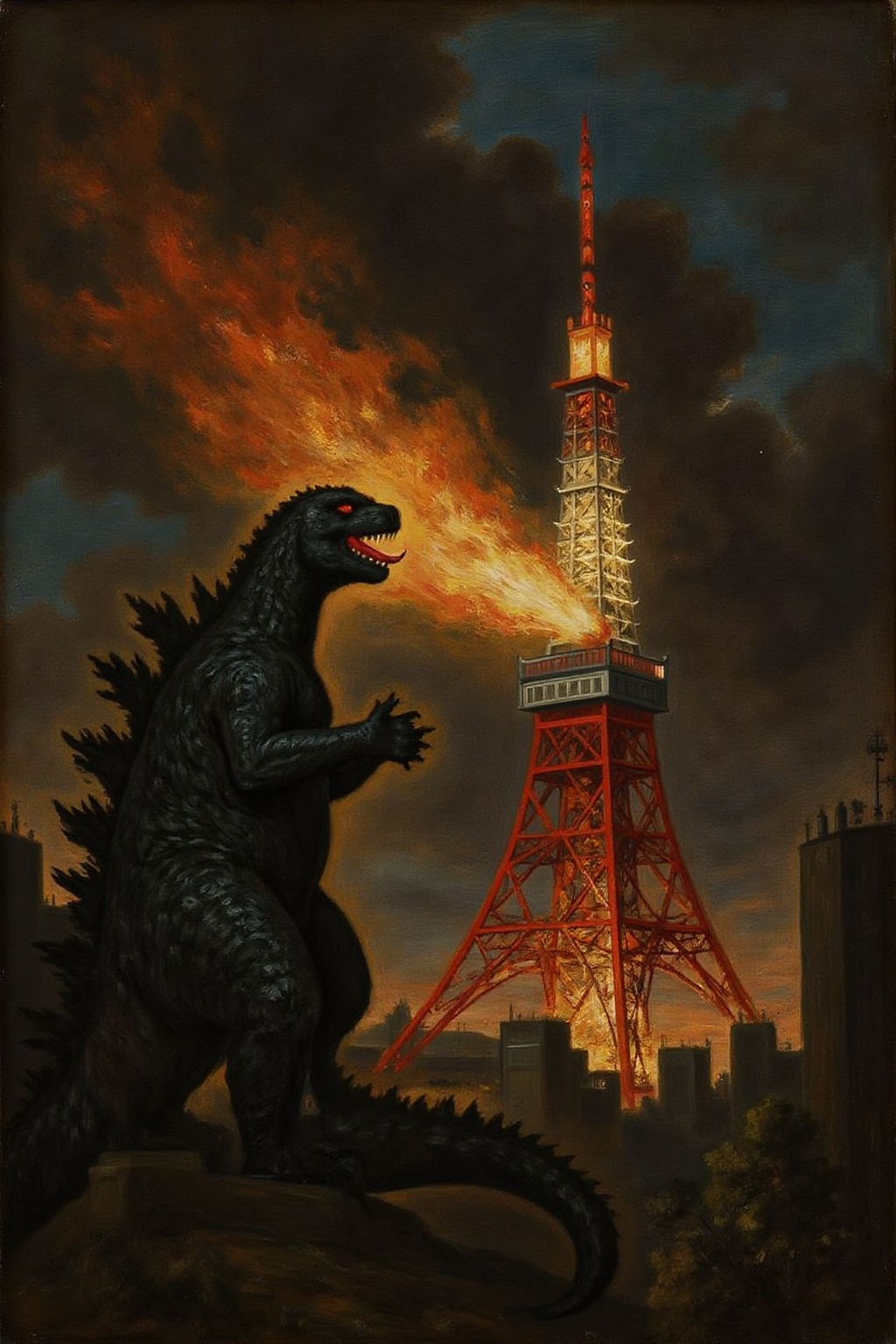 fraha1 painting of Godzilla breathing fire on Tokyo Tower on Tensor.Art