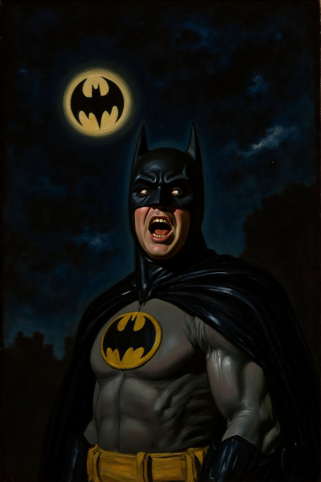 fraha1 painting of Batman shouting angrily. Background is the bat signal on a dark night sky. on Tensor.Art