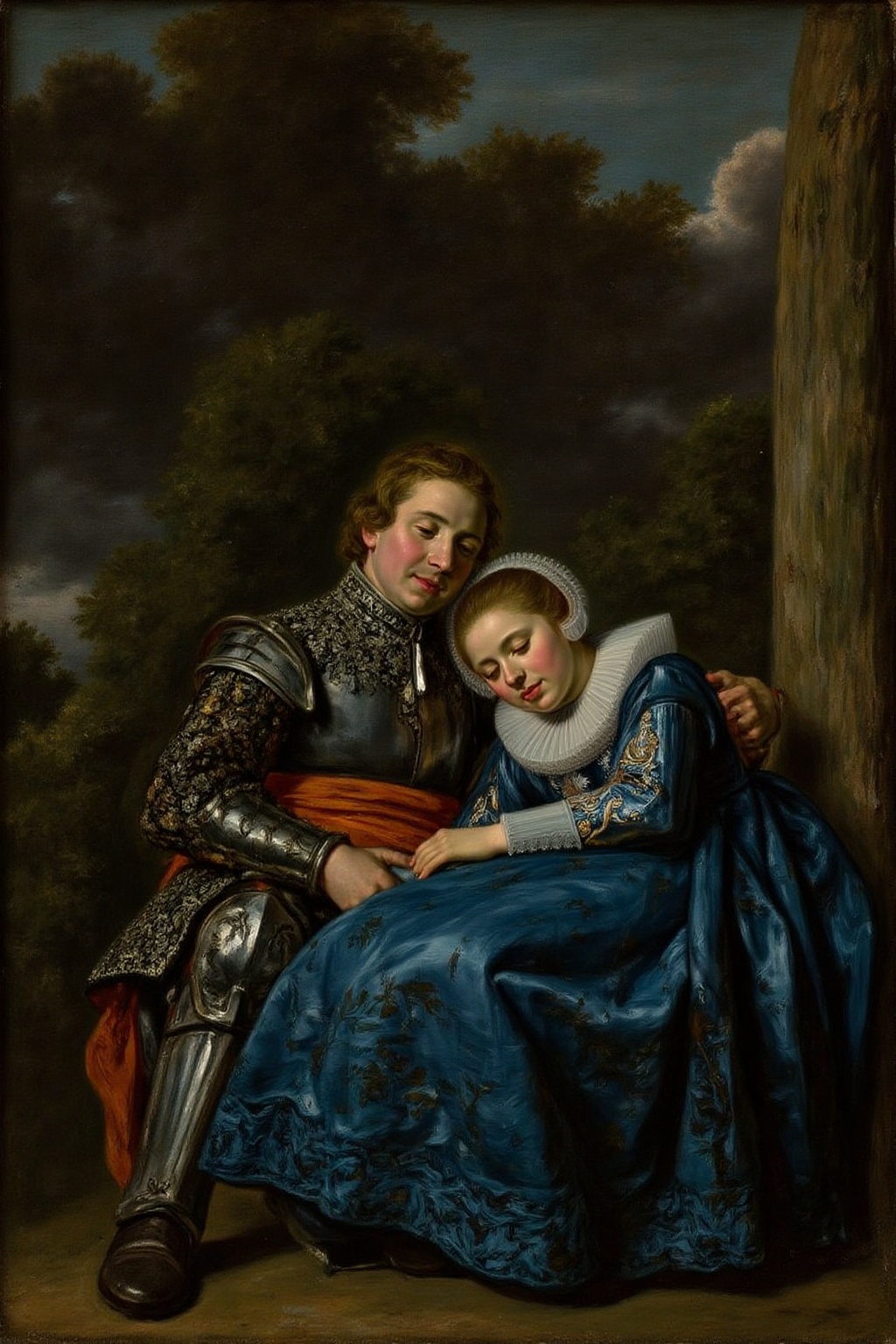 fraha1 painting of a blonde knight and a lady sitting under a tree. The lady wearing a blue dress. The knight is sleeping...