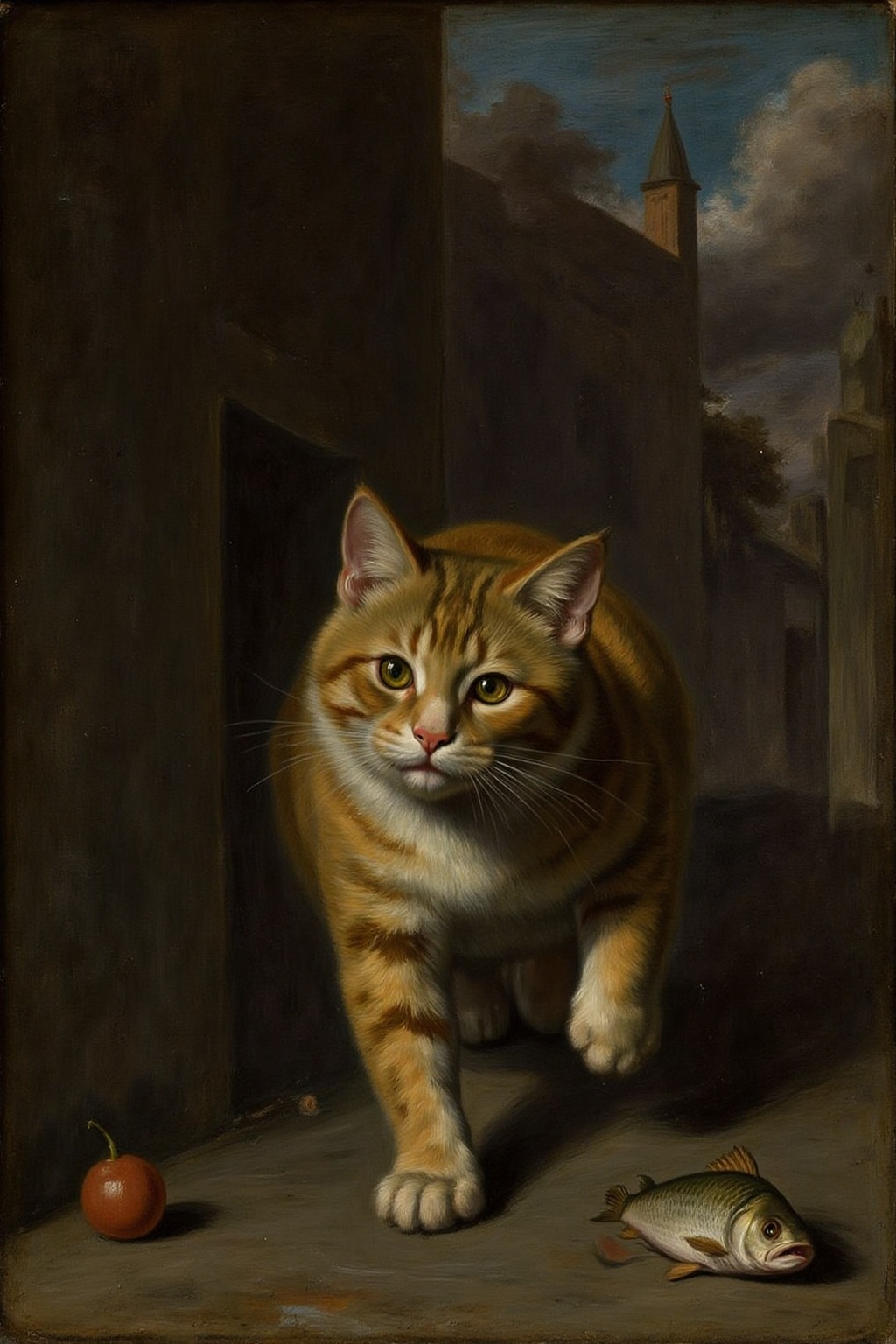 fraha1 painting of a golden tabby stealing a fish,  running away in a market on Tensor.Art