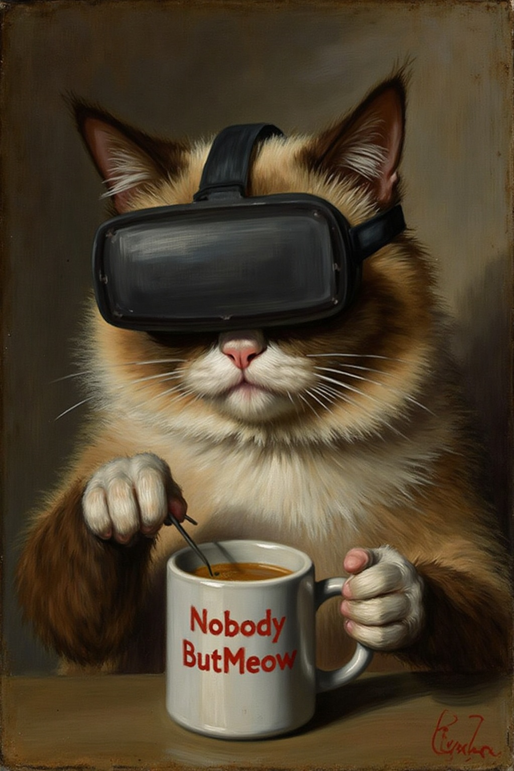 fraha1 painting. Grumpy Cat drinking coffee,  wearing a VR Headset. The mug has the phrase "NobodyButMeow" printed on Tens...