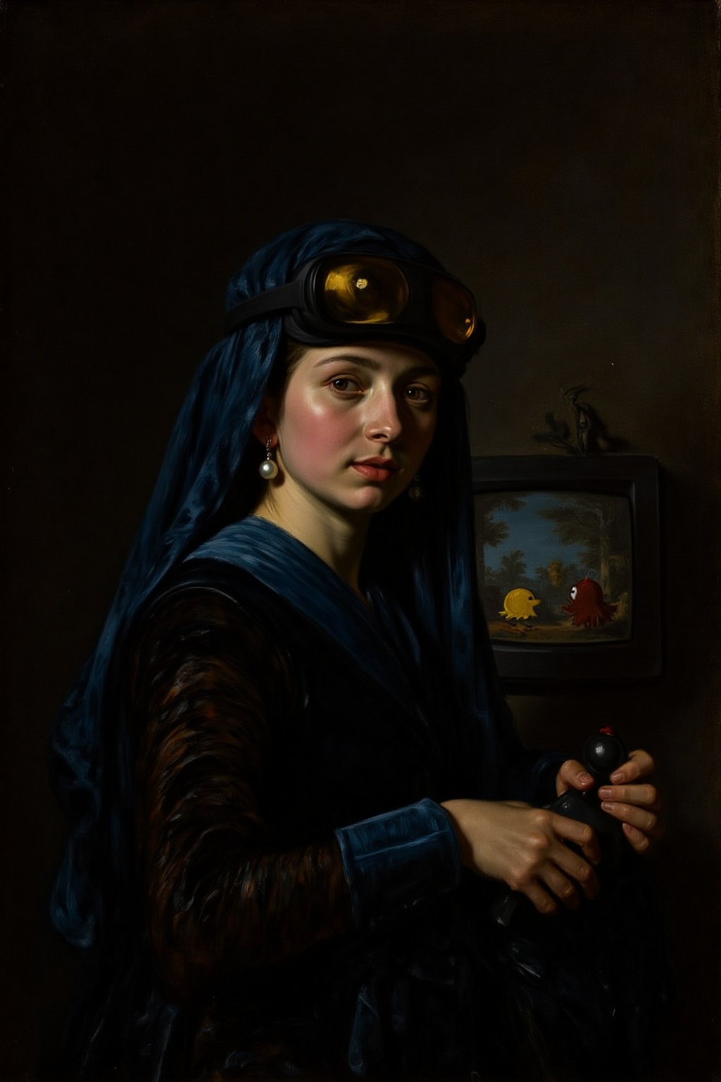 fraha1 painting portrait of a young woman turned slightly toward the viewer,  She wears a deep blue VR Headset with golden...