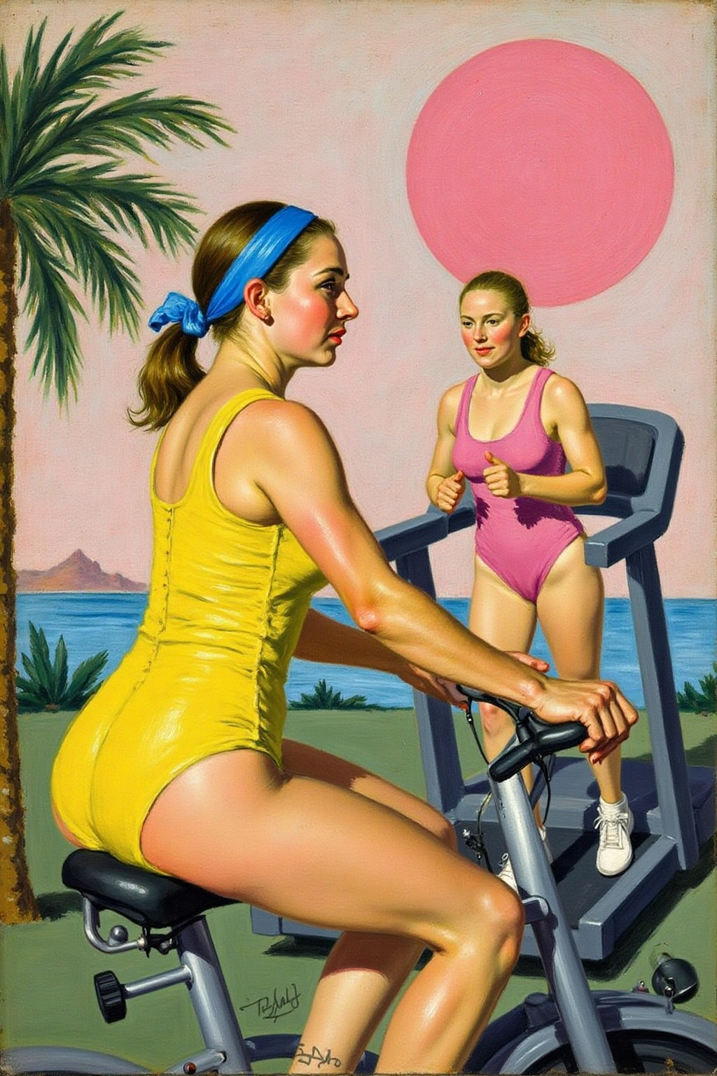 fraha1 painting of two women. One woman,  wearing a yellow leotard,  with a blue headband tied in a ponytail on Tensor.Art