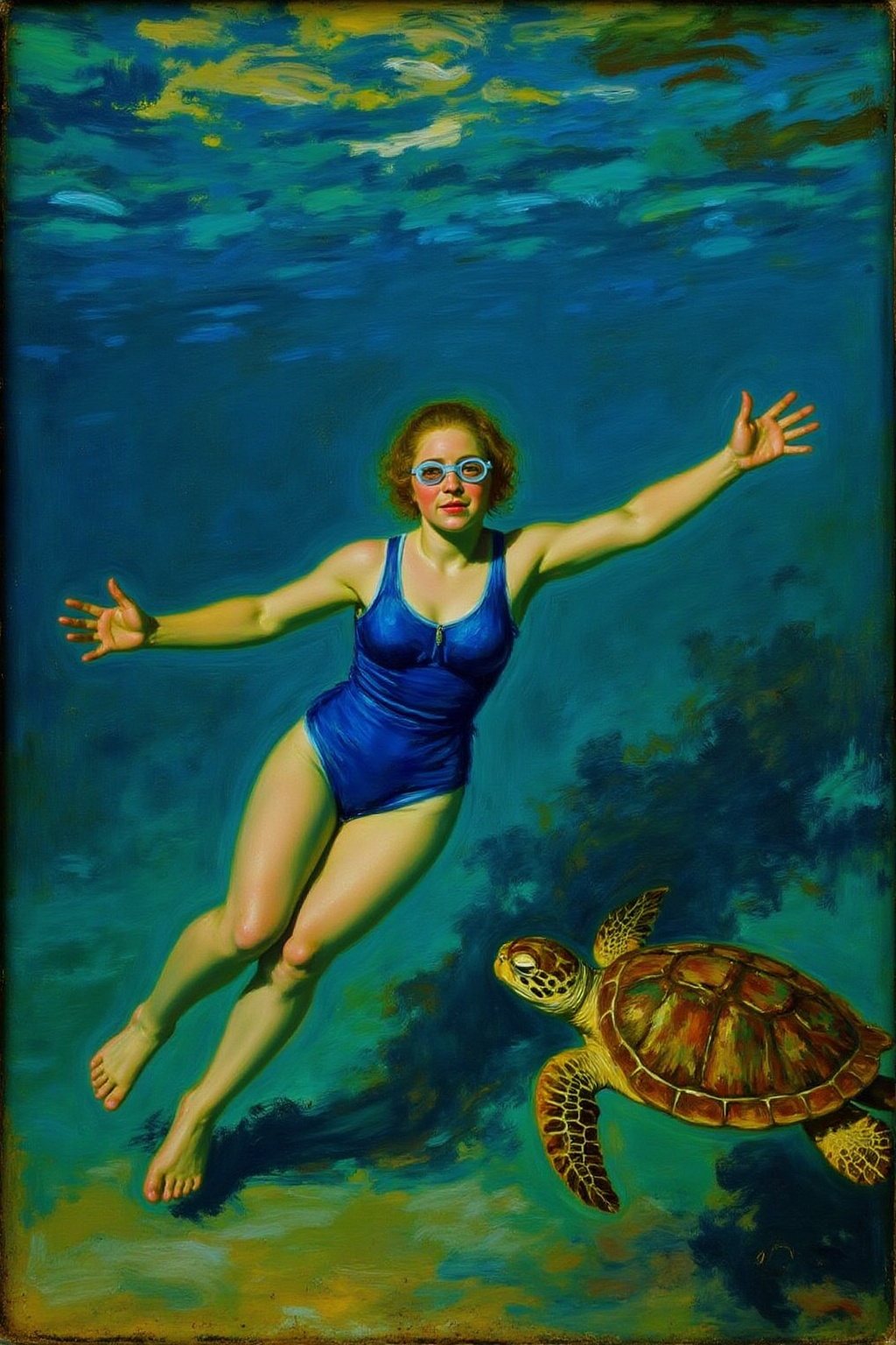 fraha1 painting of a woman swimming underwater. The woman is wearing a blue one piece swimsuit,  and she is wearing goggle...