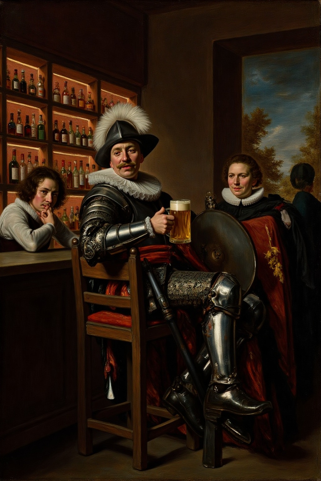 fraha1 painting. Don Quixote sitting at a modern bar,  enjoying a beer. He wears his classic,  medieval armor on Tensor.Art