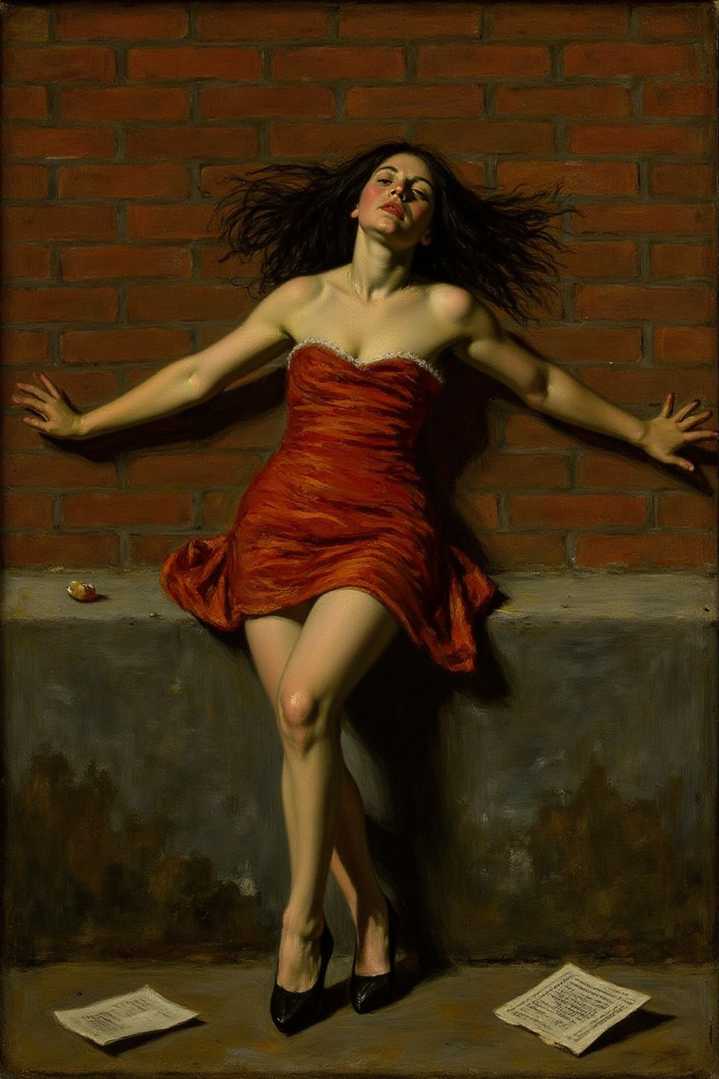 fraha1 painting of woman leaning against a brick wall,  set in an urban environment. She has long black hair flowing loose...